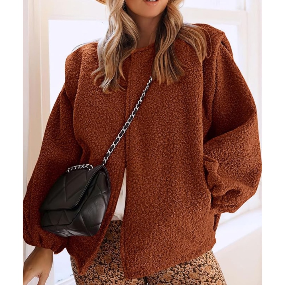 Kirundo Women's Brown Fuzzy Teddy Bear Open Front Cardigan Jacket